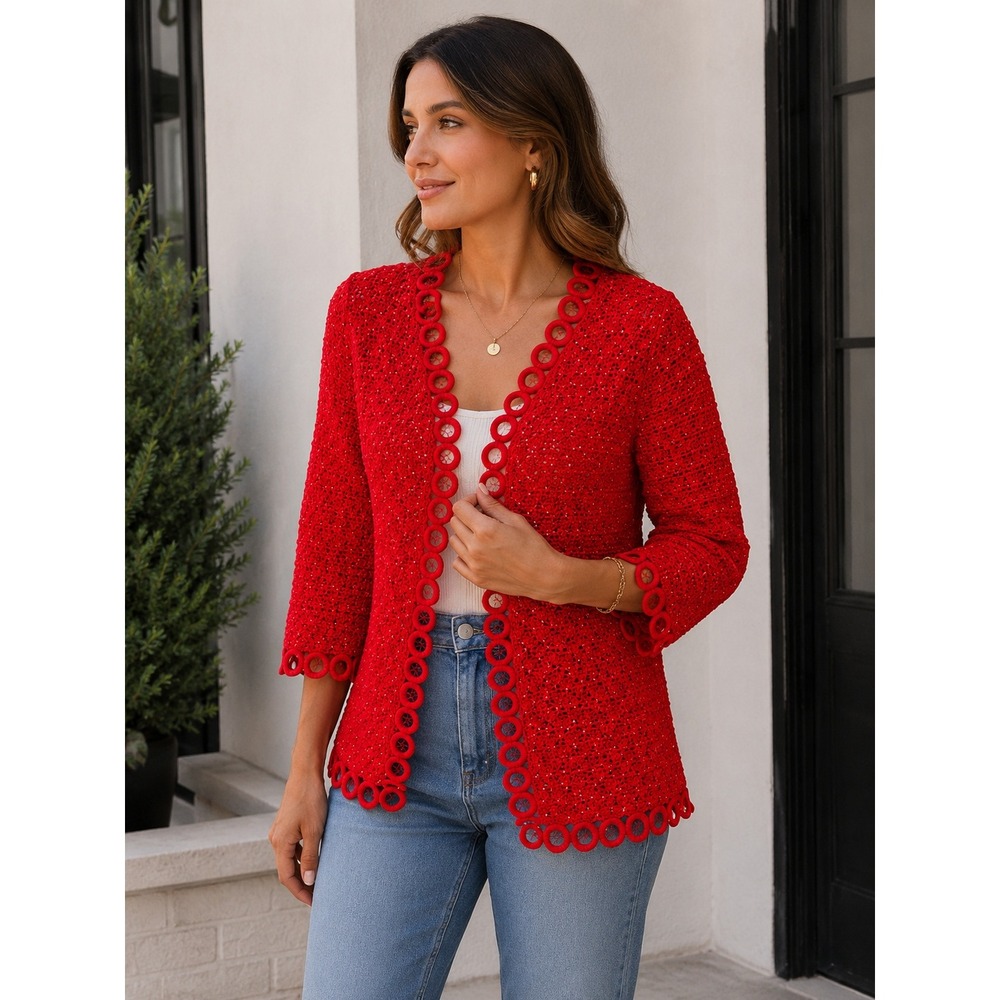 Red Beaded Crochet Cardigan Open Knit Ring Trim 3/4 Sleeve RN 80483 Medium - Picture 2 of 7